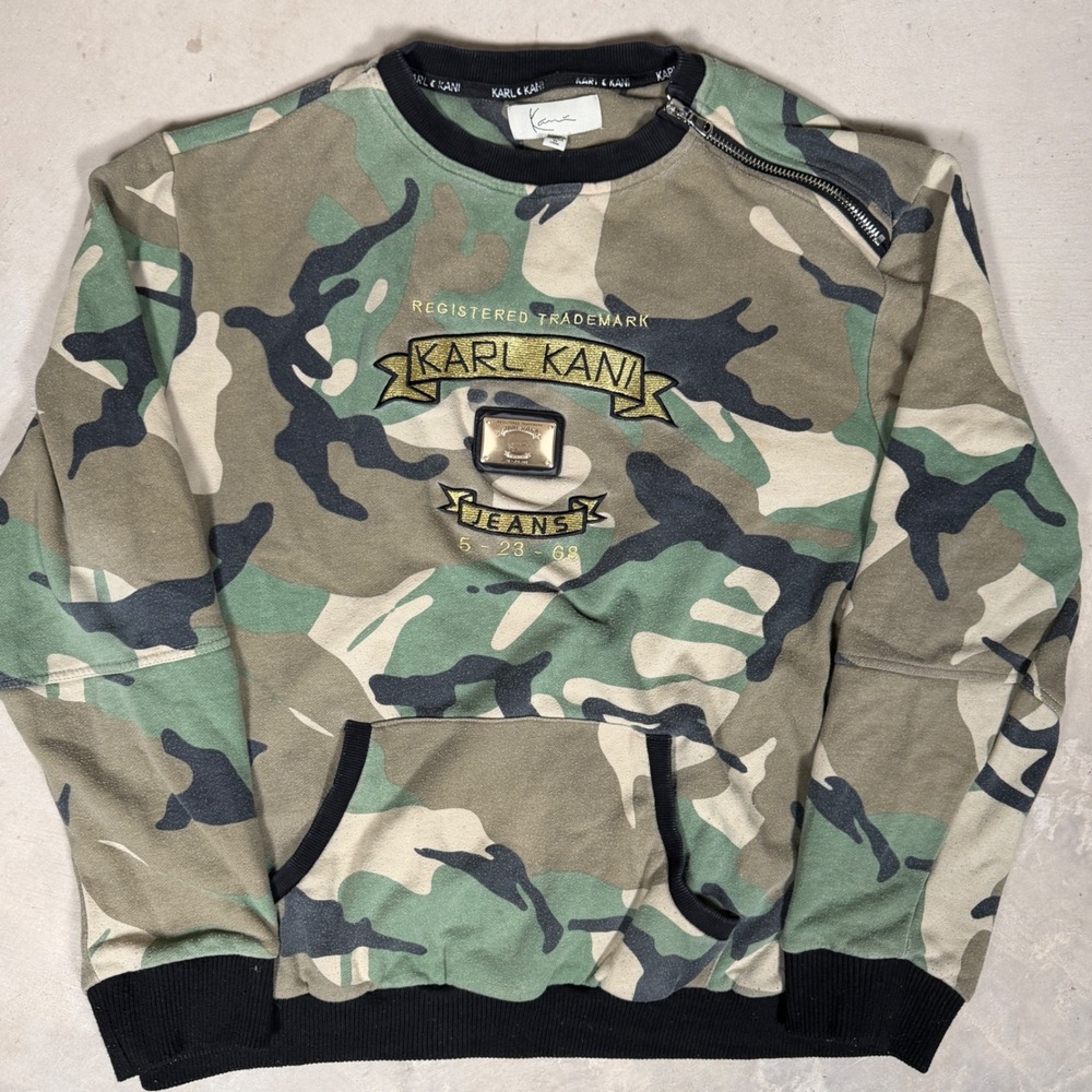 Karl Kani Jeans Mens 3XL Camo Sweatshirt Shoulder Zip Embroidered Logo Green
